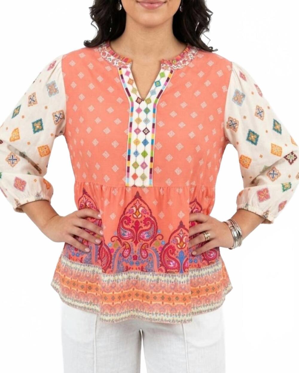 NEW JOHN MARK v-neck long sleeve blouse in apricot multi